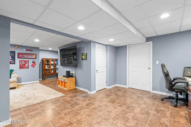 an aerial view of a fireplace with sitting space