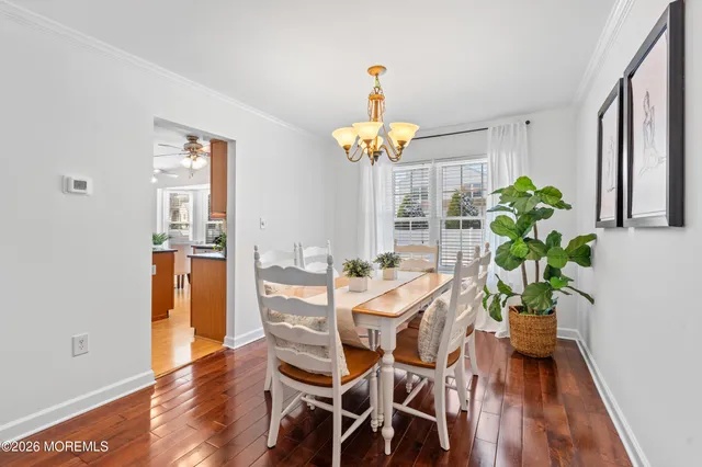 a dining room with furniture potted plants and wooden floor