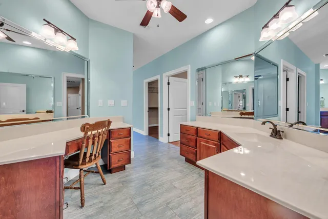 a view of a park with large trees