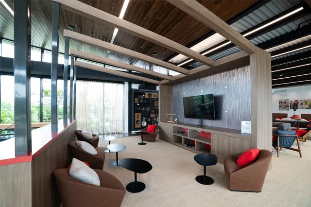 a view of a lake with furniture