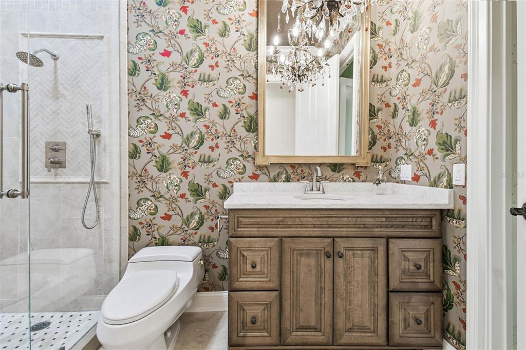 3505 Berger Road Lutz, FL 33548 - Photo 25 of 79 a bathroom with a granite countertop toilet a sink a mirror a shower and a bathtub