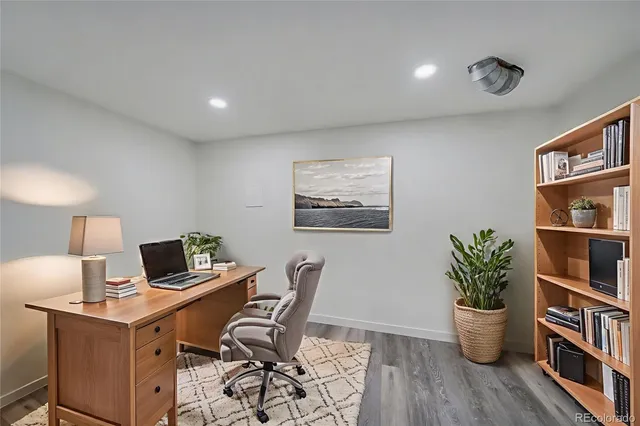 a view of a workspace with furniture and a potted plant