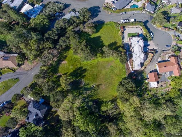 an aerial view of residential houses with outdoor space and trees