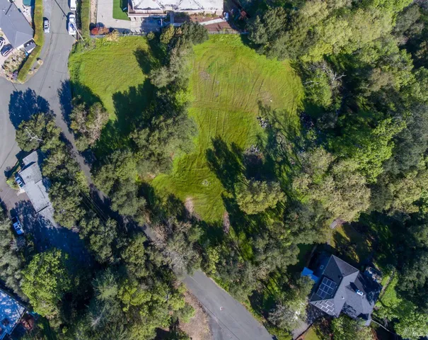 an aerial view of a residential houses with yard