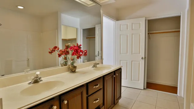 a bathroom with a sink vanity and a mirror