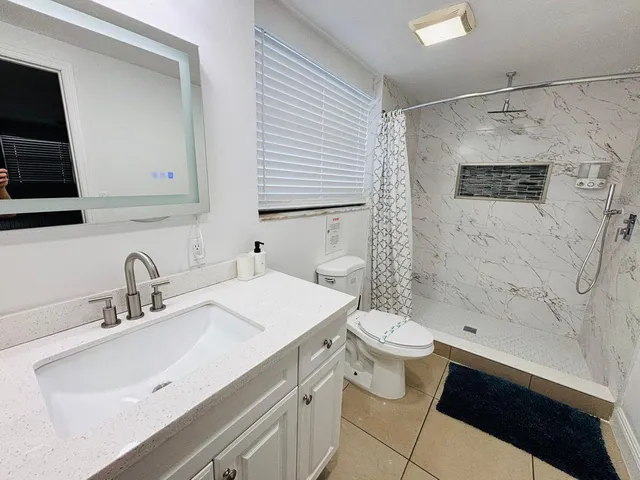 a bathroom with a sink a toilet a shower and a mirror