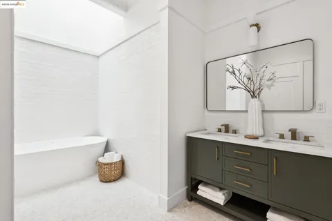 a bedroom with a bed and a table