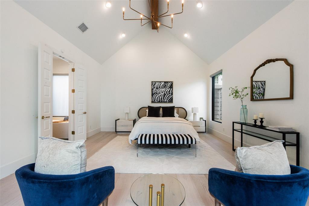 6443 Kenwood Avenue Dallas, TX 75214 - Photo 13 of 21 Bedroom with a chandelier, light wood-type flooring, recessed lighting, and high vaulted ceiling