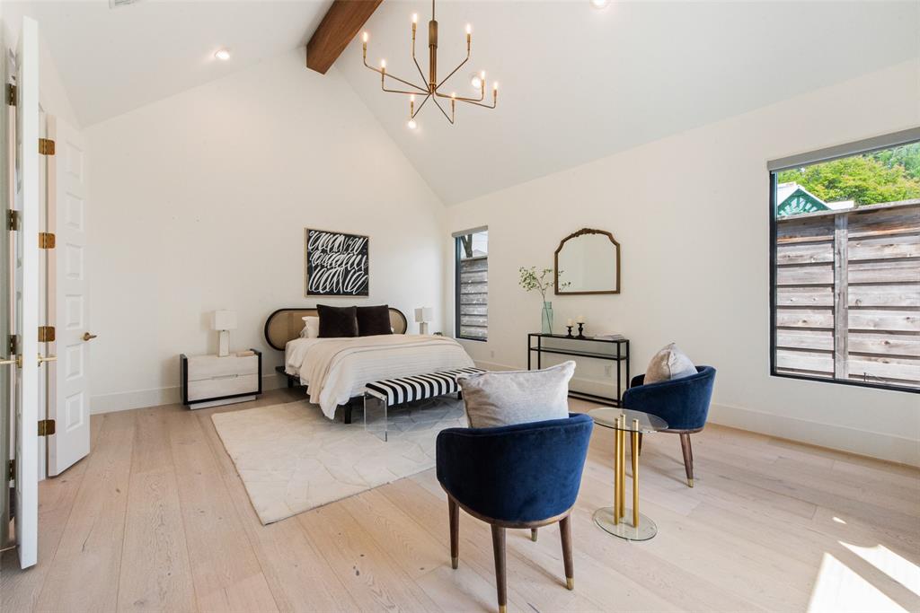 6443 Kenwood Avenue Dallas, TX 75214 - Photo 14 of 21 Bedroom with beamed ceiling, a chandelier, light wood-style floors, high vaulted ceiling, and recessed lighting