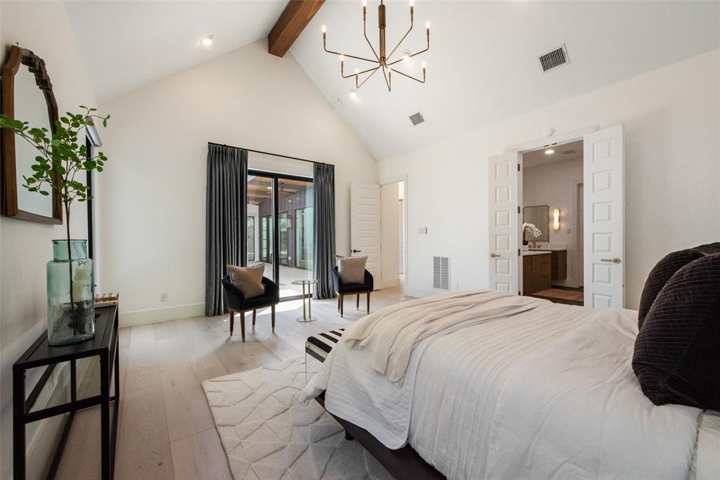 6443 Kenwood Avenue Dallas, TX 75214 - Photo 15 of 21 Bedroom featuring a chandelier, beam ceiling, access to outside, light wood-style floors, and high vaulted ceiling