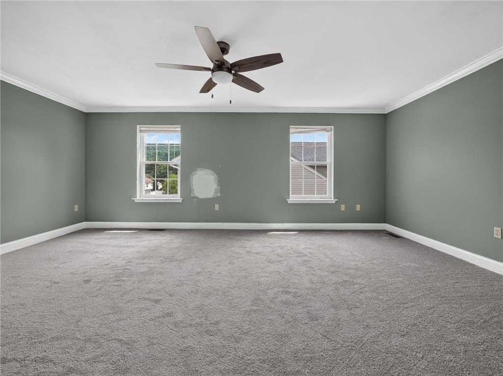 3821 Rittenhouse Road Lower Macungie Township, PA 18062 - Photo 46 of 62 A spacious, naturally illuminated room featuring plush carpeting, elegant crown molding, and a modern ceiling fan.
