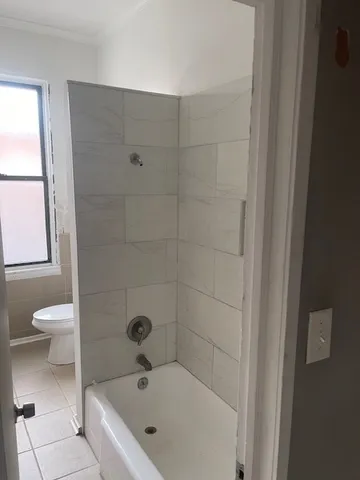 a bathroom with a toilet and a bathtub