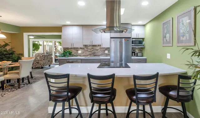 a view of a dining room with furniture