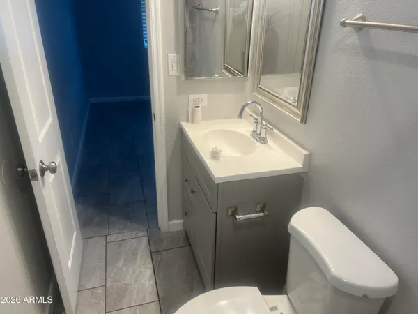 a bathroom with a toilet sink and mirror