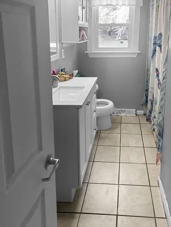 a bathroom with a sink a toilet and a mirror
