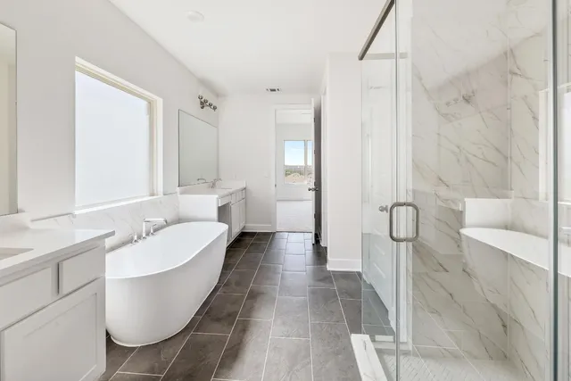 a bathroom with a double vanity sink a mirror and a bathtub