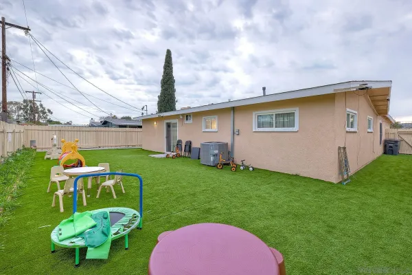 a backyard of a house with table and chairs
