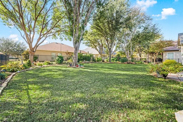 a view of a park with large trees