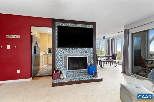 a living room with furniture a flat screen tv and a fireplace