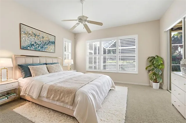 a bedroom with a large bed and a potted plant