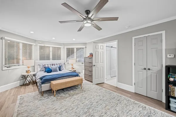 a view of a backyard with potted plants and large trees