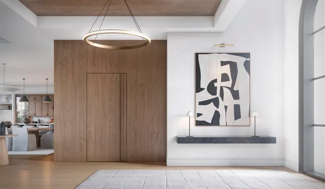 a view of a hallway with wooden floor and cabinet