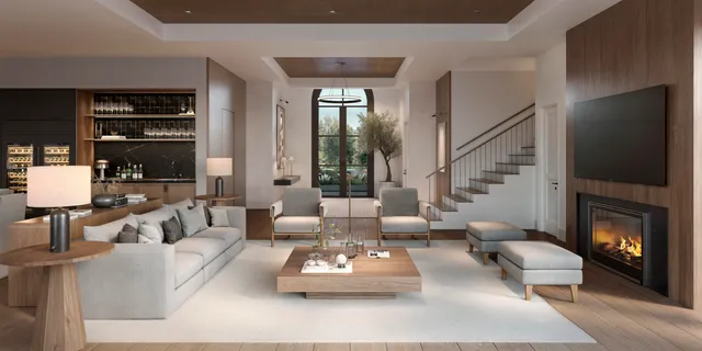 a living room with furniture fireplace and lamp