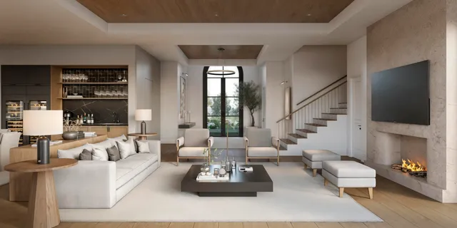 a living room with furniture fireplace and flat screen tv