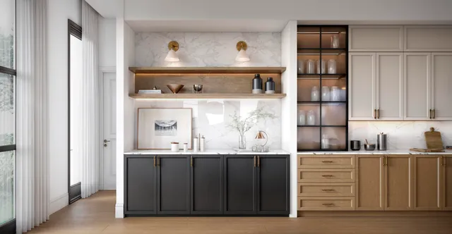 a kitchen with cabinets and a wooden floor