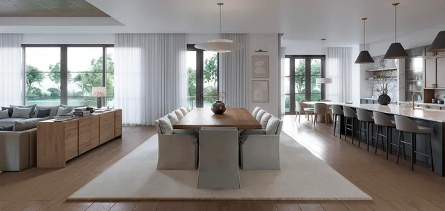 a living room with furniture a large window and wooden floor