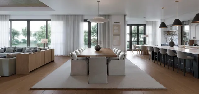 a dining room with wooden floor a chandelier a glass table and chairs