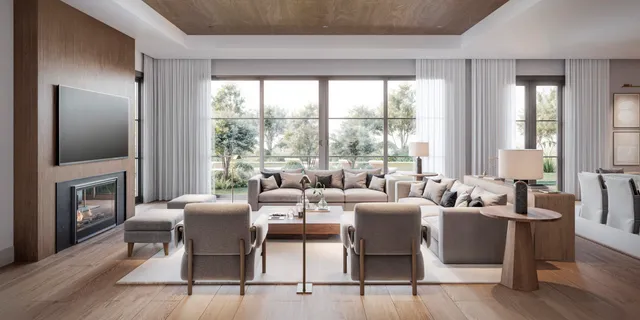 a living room with fireplace furniture and a large window