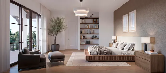 a bedroom with furniture and a large window