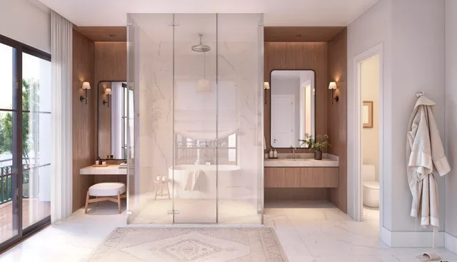 a view of a bathroom with tub shower and windows