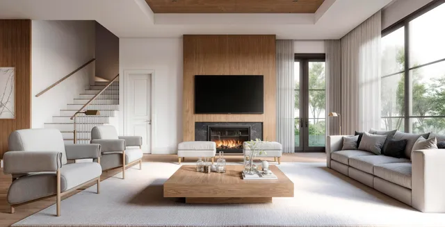 a living room with furniture fireplace and a large window