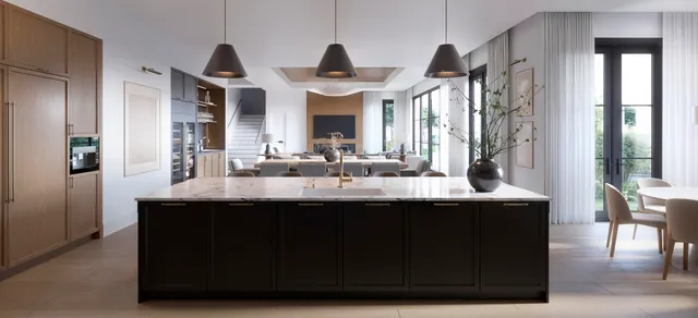 a kitchen with stainless steel appliances granite countertop a sink and a large window
