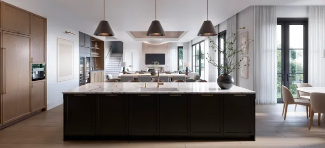 a kitchen with stainless steel appliances granite countertop a sink and a large mirror
