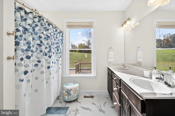 a bathroom with a double vanity sink mirror and shower