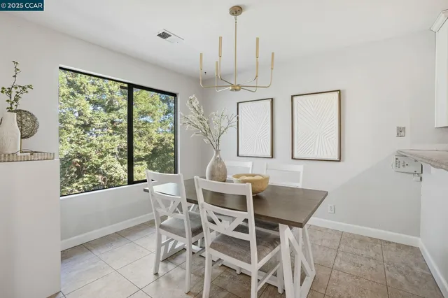 a view of a dining room with furniture window and outside view