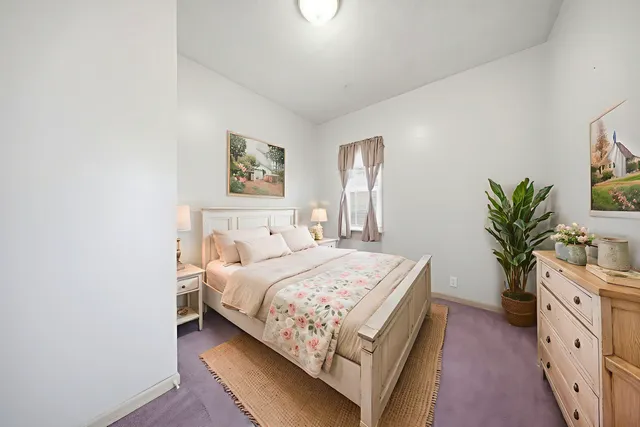 a bedroom with a large bed and a potted plant