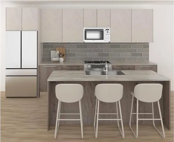 a kitchen with stainless steel appliances a dining table chairs and white cabinets