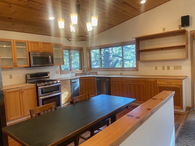 67 Hill Street Mammoth Lakes, CA 93546 - Photo 15 of 24 Kitchen featuring lofted ceiling, appliances with stainless steel finishes, light countertops, decorative light fixtures, and glass insert cabinets