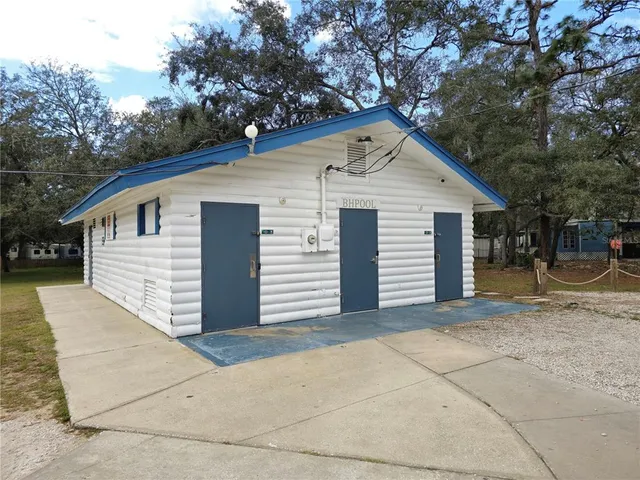 a view of a swimming pool with a yard and palm trees