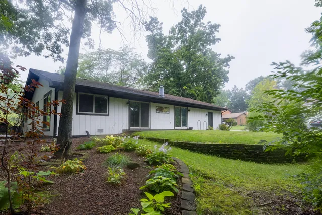 a backyard of a house with plants and large trees