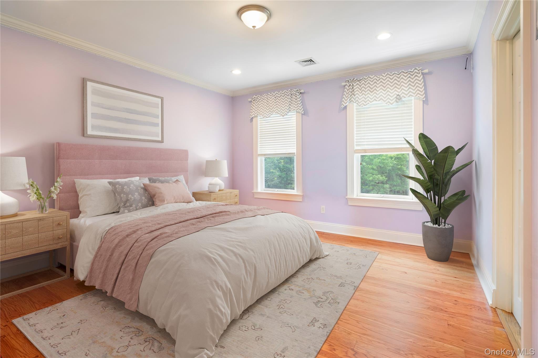 77 Byram Ridge Road Armonk, NY 10504 - Photo 36 of 48 Bedroom 3 with oak floors, walk-in closet, crown molding and recessed lighting (virtually staged)
