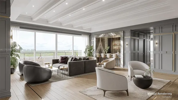 a living room with furniture a large window and a table