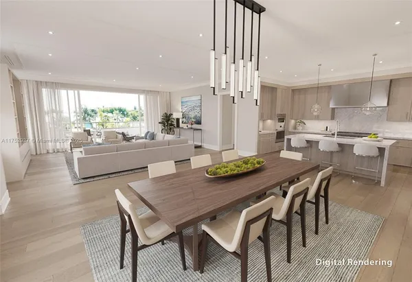 a dining room with furniture a chandelier and wooden floor