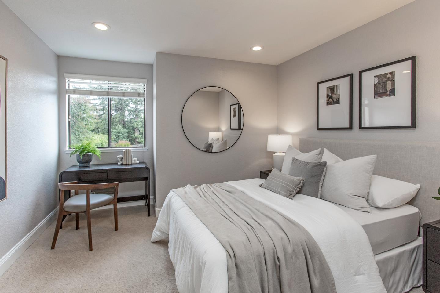 2080 Marich Way, Unit 8 Mountain View, CA 94040 - Photo 15 of 23 a bedroom with a bed lamps and a large mirror