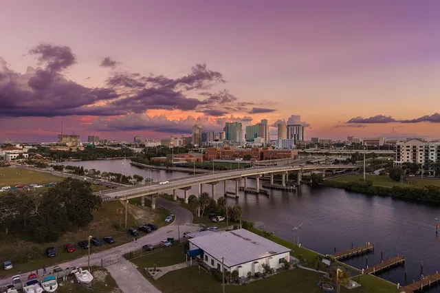a view of a lake in middle of the town