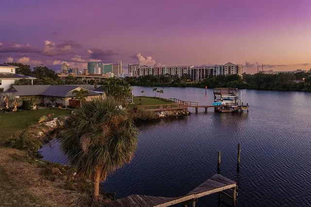 a view of a lake with a city